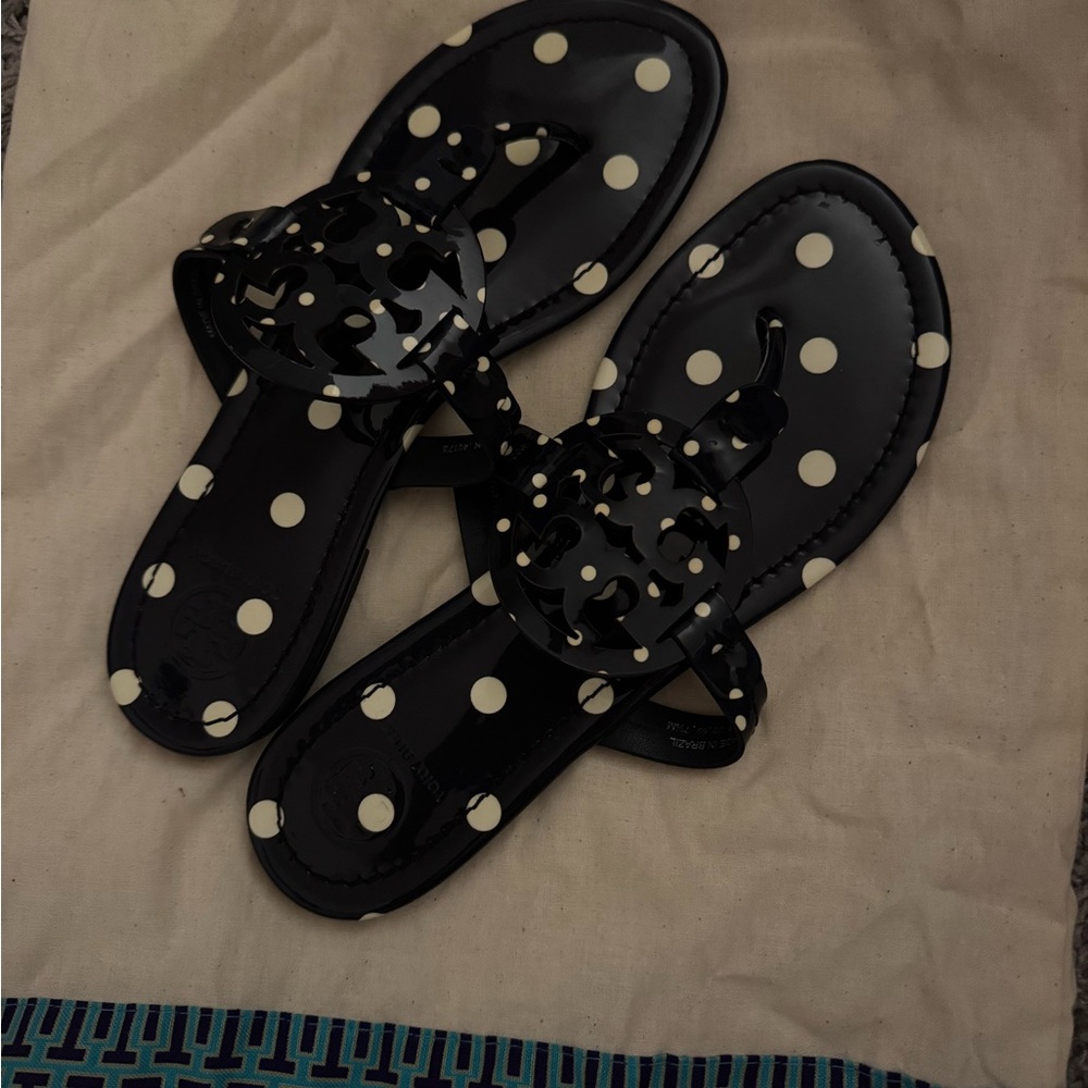 Tori Burch Miller sandals size 7.5. Color navy with white polka dots